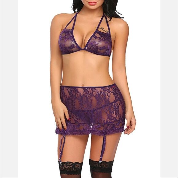 Women Sexy Lingerie Babydoll Sleepwear Lace Bra and Panty Sets with Garter US - Picture 2 of 3